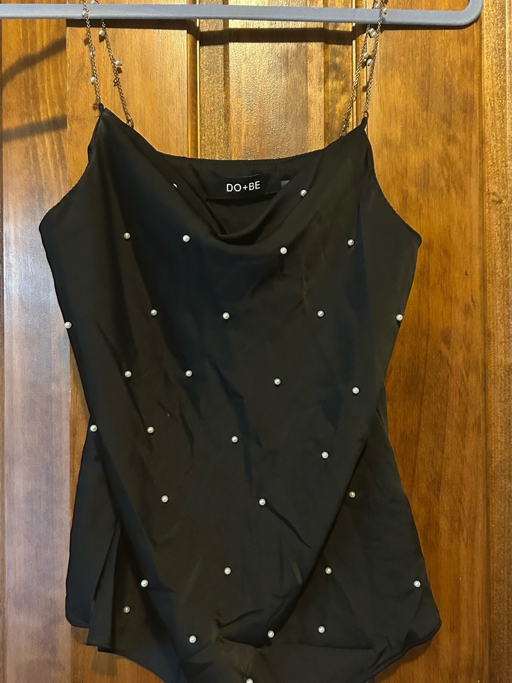 DO+BE Black Pearl-Studded Cowl Neck Camisole with Chain Straps